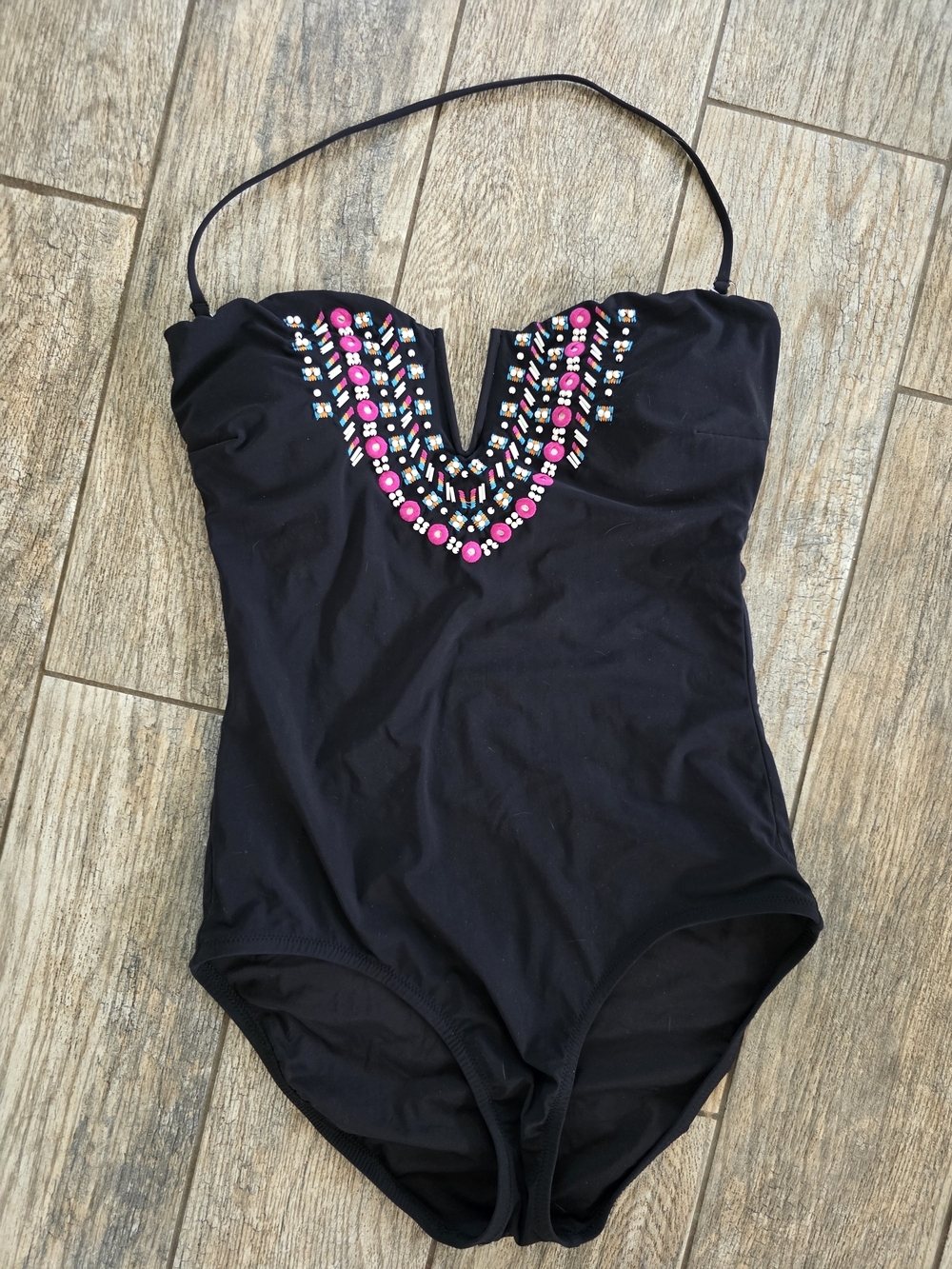 Nanette Lepore Black Beaded One-Piece Halter Swimsuit Bathing Medium